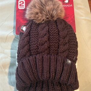 Brown Knit Beanie with Faux Fur Pom